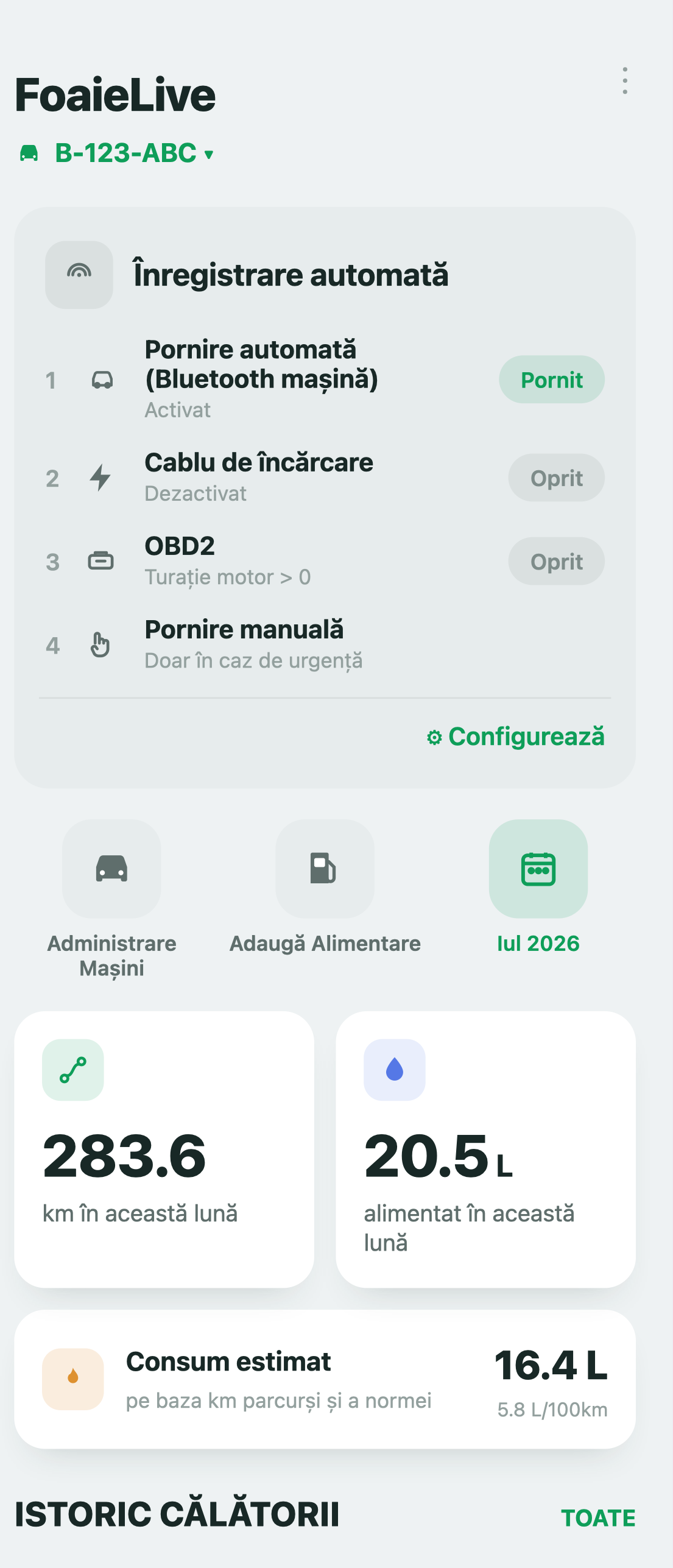 Aplicația FoaieLive — foaie de parcurs, înregistrare GPS și consum pe telefon